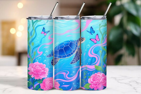 Download Fantasy Turtle Ocean Flowers Butterfly Tumbler - Flowers Collection